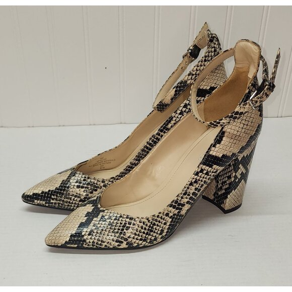 Marc Fisher Gilla 2 Snakeskin Pointed Toe Block Heel Ankle Strap Pumps Size 10M - Picture 1 of 16
